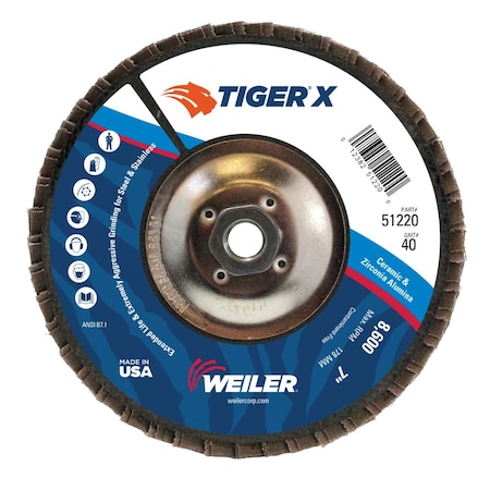 Weiler 7" Tiger X Flap Disc, Conical (TY29), Phenolic Backing, 40Z, 5/8-11" 51220